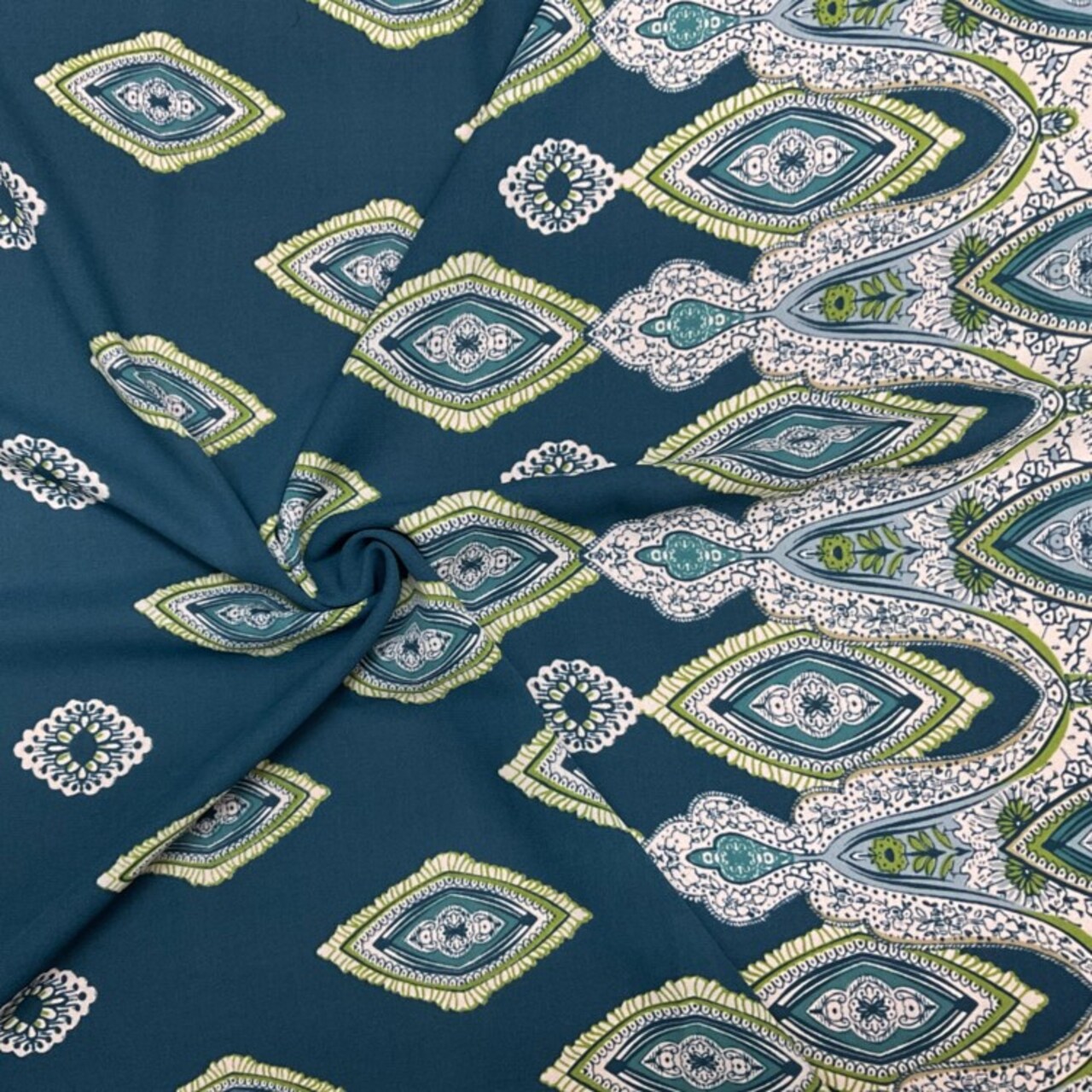 Blue-Green-White Poly Diamide Paisely Border Printed Georgette Woven Fabric By the Yard